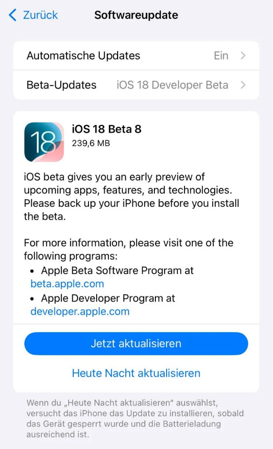 清远苹果手机维修分享苹果 iOS / iPadOS 18 开发者预览版 Beta 8 发布 